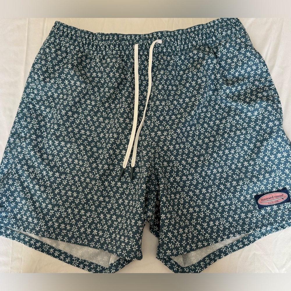 Vineyard Vines Teal Floral Button-Up with Pink Logo Patch